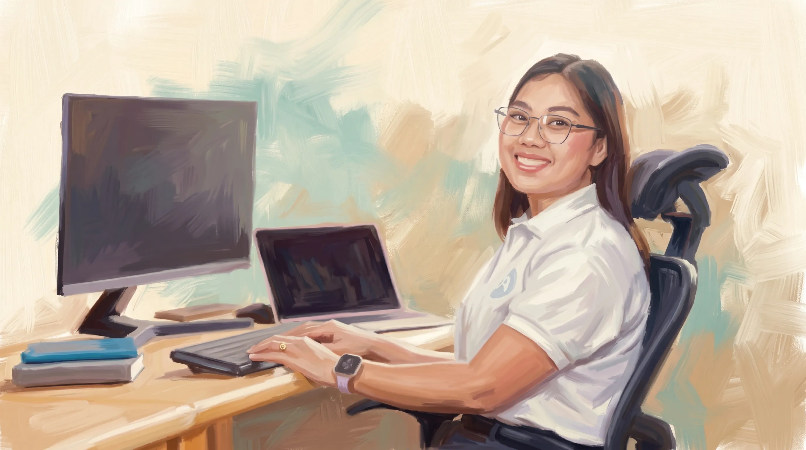 Painted illustration of a smiling Clinic Admin team member with glasses sitting at a desk with a monitor and laptop