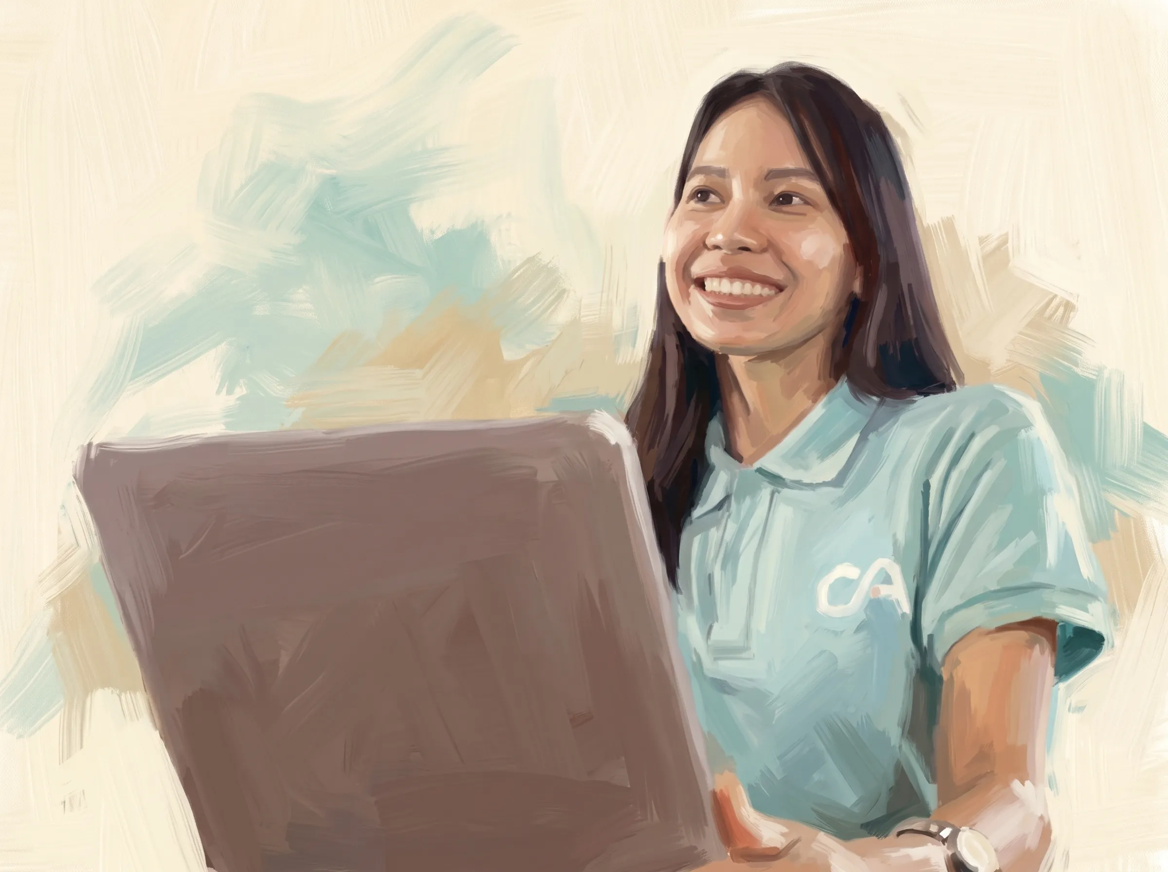 Painted illustration of a smiling Clinic Admin team member in a teal polo shirt working at a computer desk