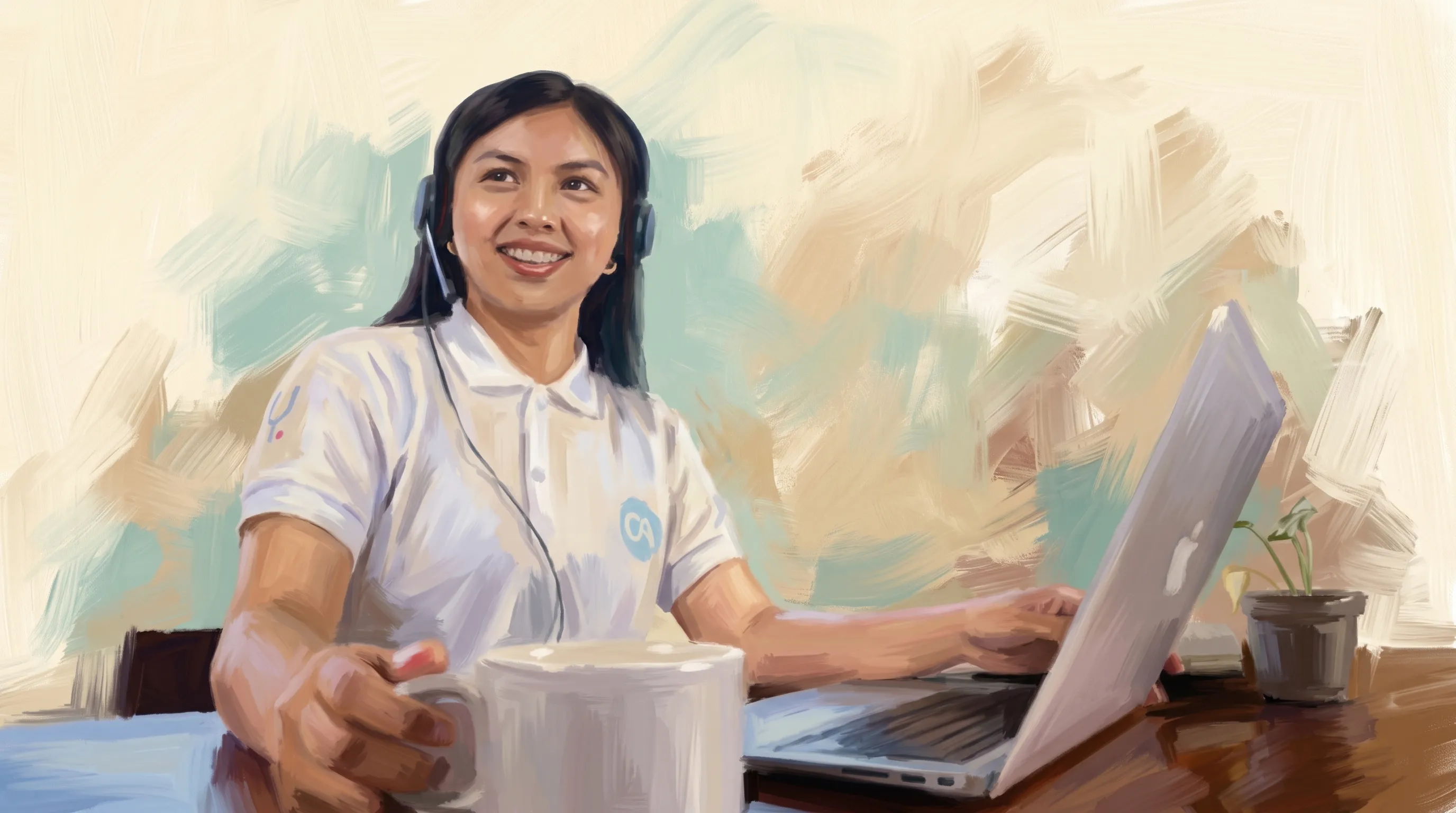 Painted illustration of a smiling Clinic Admin team member wearing a headset and working on a laptop while holding a coffee mug