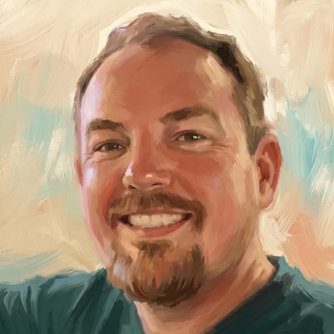 Painted portrait of Ben Carter, founder of Clinic Admin and Yoonet, smiling