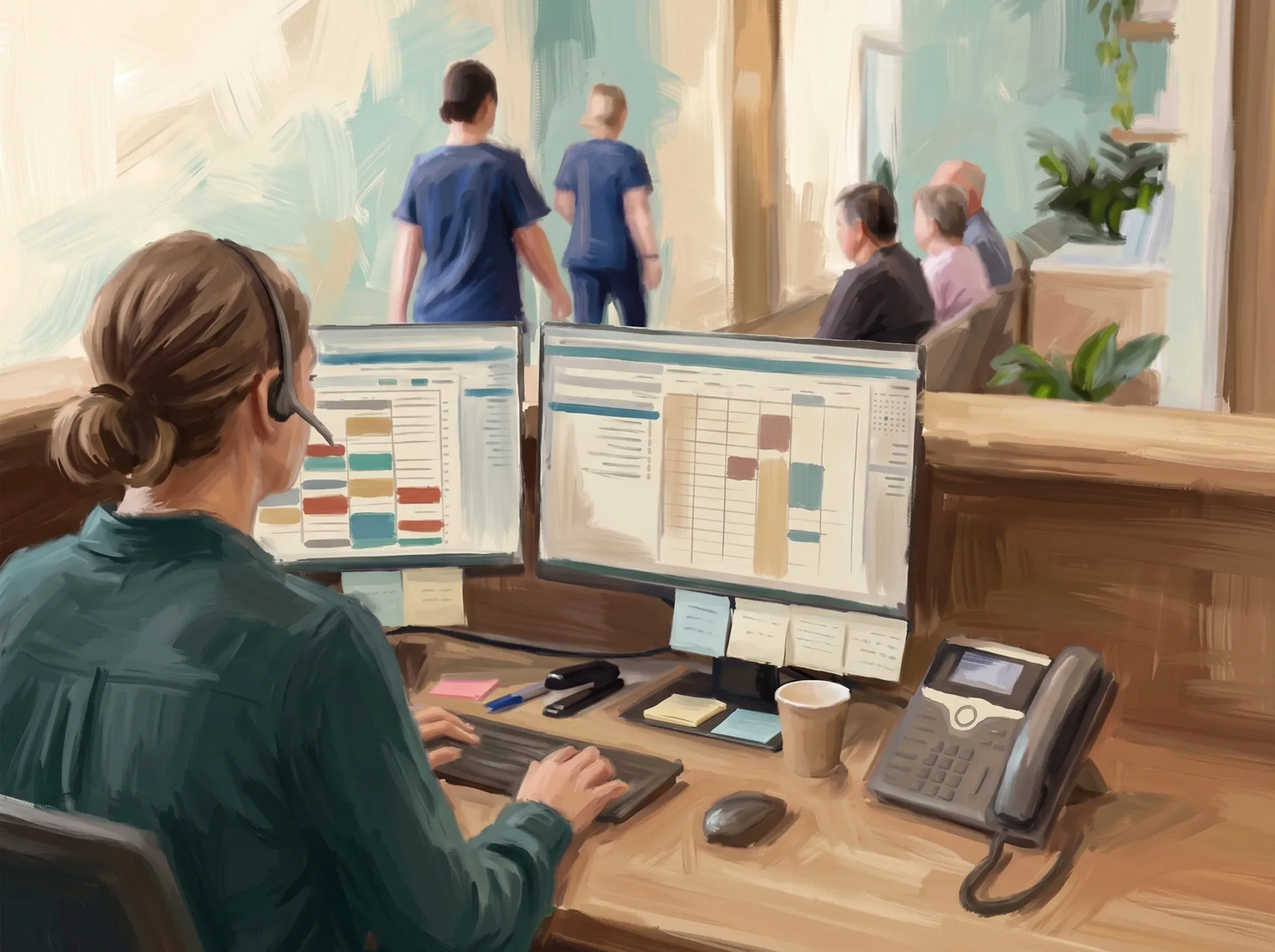 Painted illustration of a clinic receptionist at a dual-monitor desk with a headset, sticky notes, and patients waiting beyond the glass