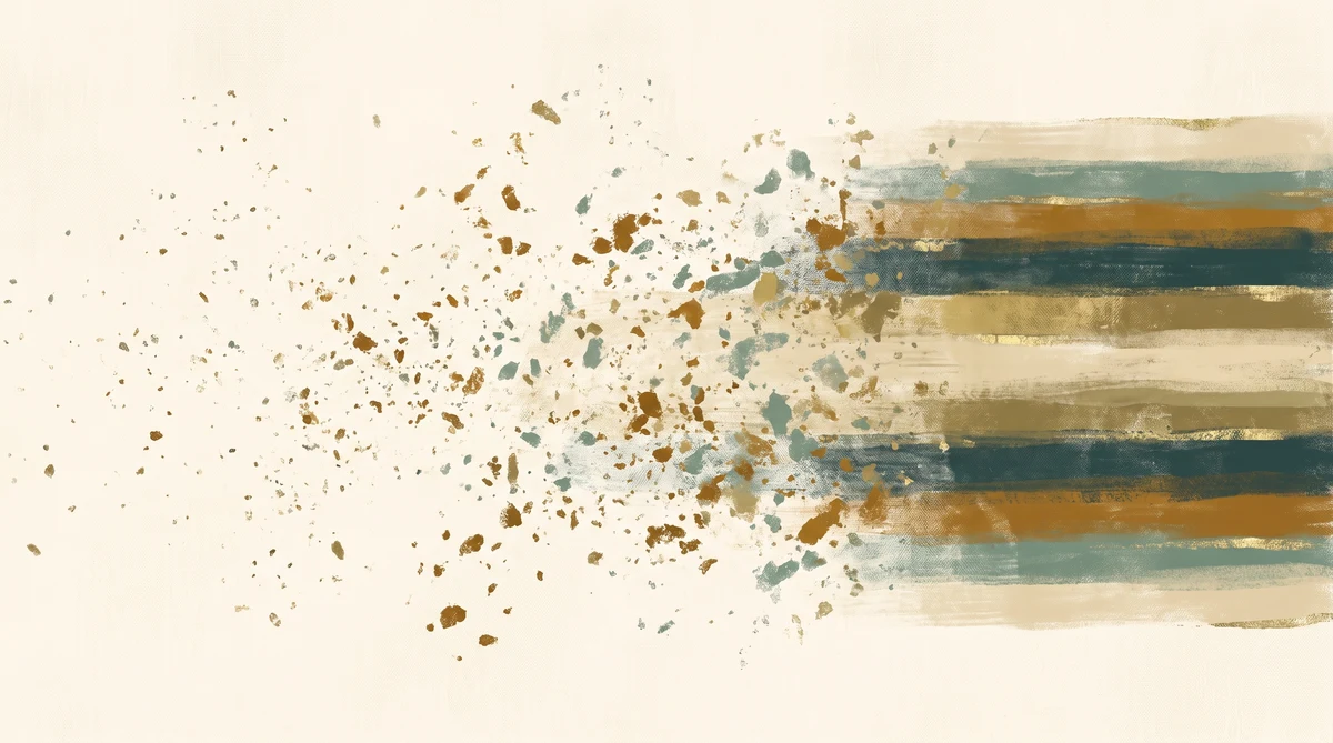 Abstract painting with scattered ochre and teal flecks drawing together into horizontal layered bands on a warm cream background